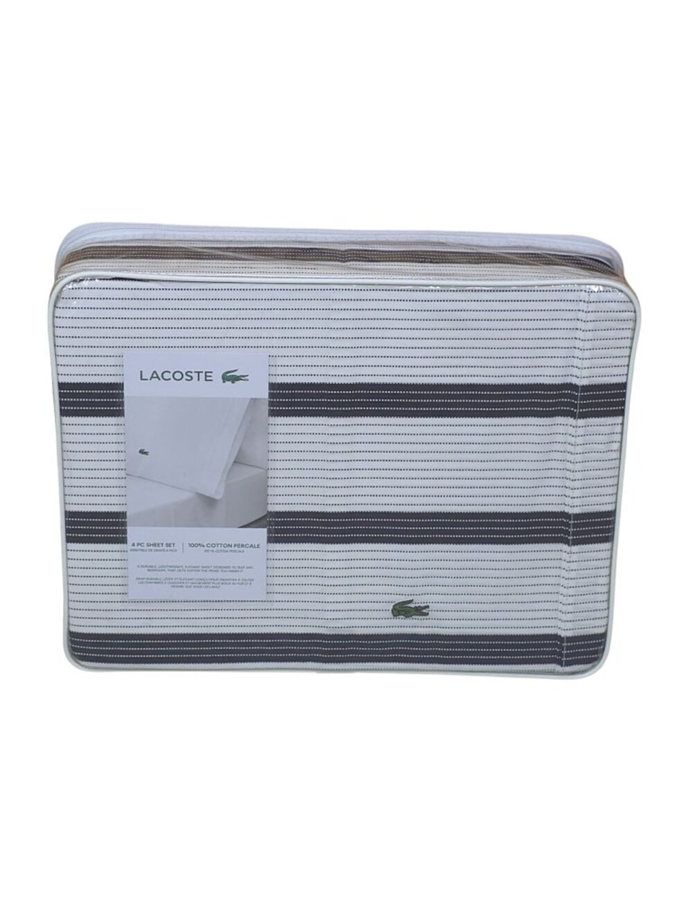 Lacoste King 4 Piece Cotton Percale Sheet Set Archive Phantom Stripe Black White